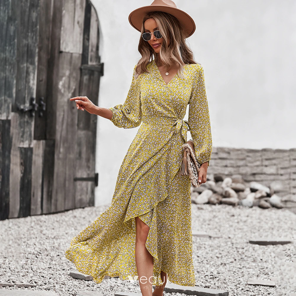 Bohemen Zomer Strand Resort slijtage Gele Bloemen Maxi jurken 2021 V Hals Gordel Strik Lange Mouwen Tea length