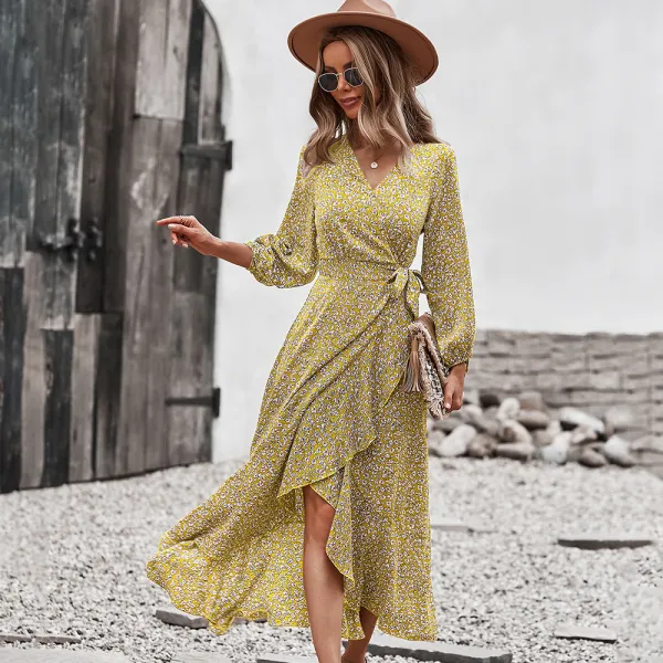 Bohemia Summer Beach Resort Wear Yellow Floral Maxi Dresses 2021 V-Neck Sash Bow Long Sleeve Tea-length