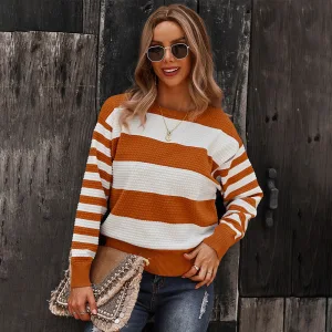 Fashion Fall Winter Street Wear Stripe Orange Sweaters 2021 Scoop Neck Long Sleeve Cotton Loose Women S Tops
