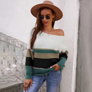 Confortable Tomber Hiver Désinvolte Multi Couleurs Bande Chandails 2021 Coton Encolure Dégagée Ordinaire Manches Longues Hauts Pour Femmes