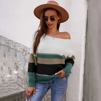 Comfortable Fall Winter Casual Multi Colors Stripe Sweaters 2021 Cotton Scoop Neck Regular Long Sleeve Women S Tops