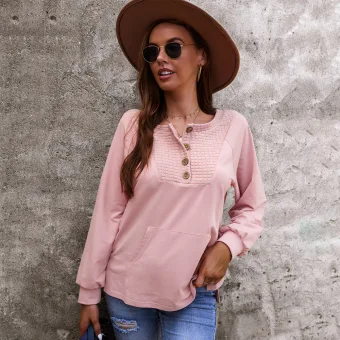 Casual Fall Winter Candy Pink Sweatshirts 2021 Scoop Neck Buttons Long Sleeve Regular Women S Tops