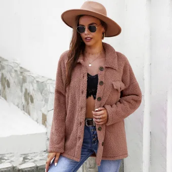 Fashion Fall Winter Suede Blushing Pink Street Wear Coats Jackets Sweaters 2021 Buttons Lapel Long Sleeve Regular Women S Tops