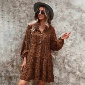 Modest Summer Brown Street Wear Spotted Leopard Print Women Dresses Women S Tops 2021 V Neck Loose Long Sleeve Knee Length