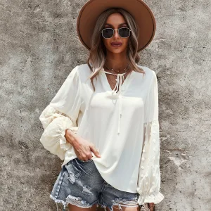 Fashion Fall Winter Beige Casual Blouses 2021 V Neck Long Sleeve Loose Women Tops