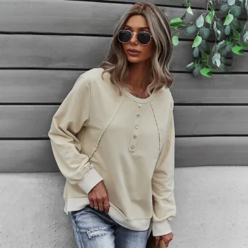 Höst Vinter Casual Aprikos Beige Tröja 2021 Urringning Knappar Långärmad Regelbunden Kvinna Toppar