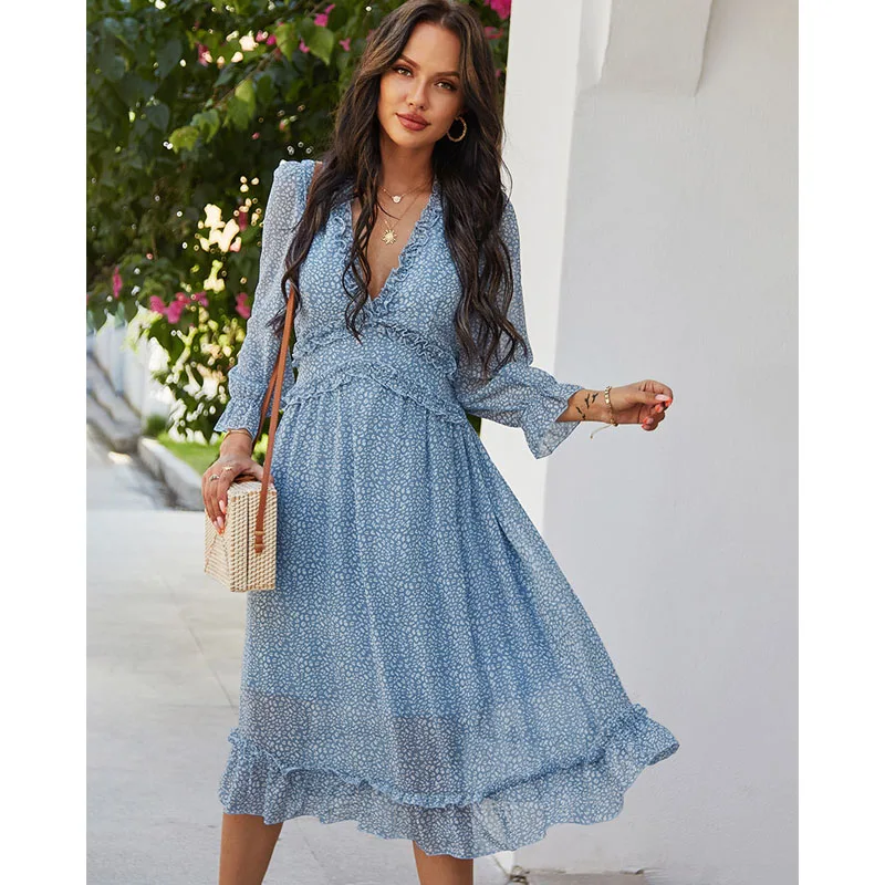 blue dress for baby girl Sweetheart Neckline Blue Floral Midi Dress - All Dresses main image 0