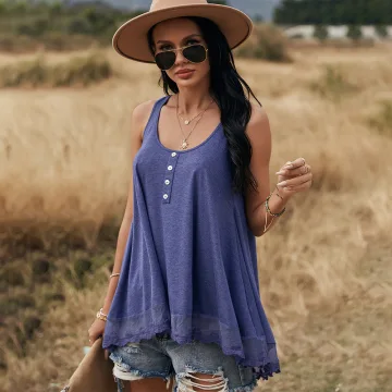 Sexy Spring Summer Casual Navy Blue Women S Tops 2021 Cotton U Neck Sleeveless Buttons Loose Women Tops