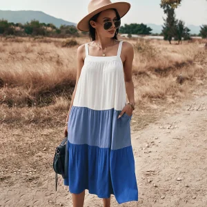 Chic Beautiful Spring Summer Street Wear Ocean Blue Patchwork Women Dresses 2021 Spaghetti Straps Loose Sleeveless