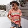 Fashion Spring Summer Candy Pink Street Wear Multi-Colors Striped T-Shirts 2021 Cotton Scoop Neck Loose Short Sleeve Women Tops