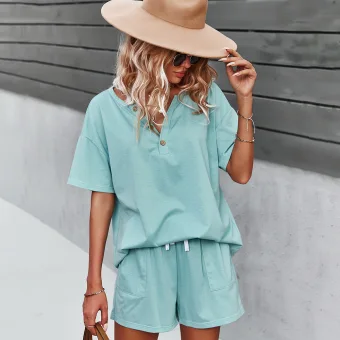 Casual Spring Summer Mint Green Solid Color Shorts T Shirts 2021 V Neck Buttons Short Sleeve Loose