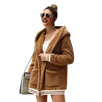 Fashion Winter Street Wear Khaki Suede Hooded Coats Jackets 2021 Cotton Loose Long Sleeve Women Tops
