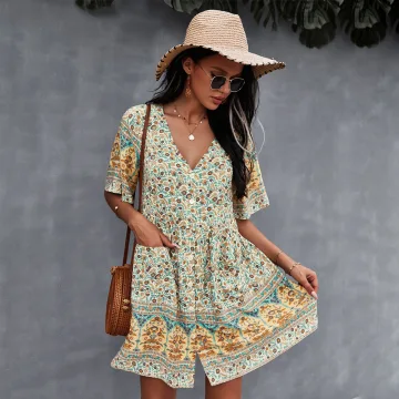 Bohemia Spring Summer Resort Wear Khaki Floral Women Dresses 2021 V Neck Short Sleeve Loose