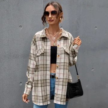 Fashion Beige Fall Winter Street Wear Plaid Coats Jackets 2021 Lapel Buttons Long Sleeve Loose Women Tops