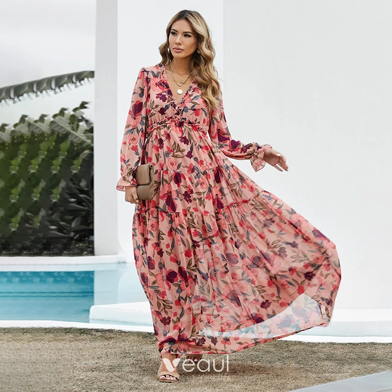Chic / Beautiful Spring Summer Resort Wear Beach Red Floral Maxi Dresses  2021 V-Neck Long Sleeve Floor-Length / Long Women Dresses