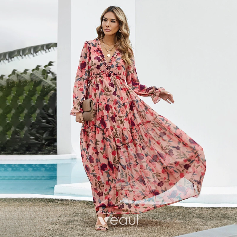 Chic Belle Printemps Ete Vetements de vacances Plage Rouge Floral Robes longues 2021 V Cou Manches Longues Longue Femme Robes