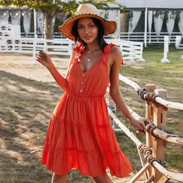 Sexy Orange Spring Summer Street Wear Ruffle Women Dresses 2021 V Neck Sleeveless Buttons Bow Loose