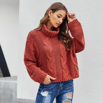 Fashion Fall Winter Red Casual Sweaters 2021 Cotton High Neck Long Sleeve Loose Women Tops