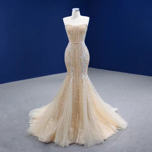 Sexy Charming Champagne Beading Trumpet Mermaid Wedding Dresses 2021 Sleeveless Pearl Lace Flower Bow Sash Sequins Strapless