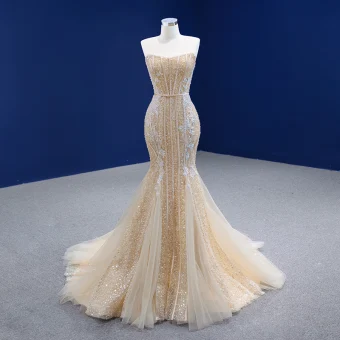 Sexy Charming Champagne Beading Trumpet Mermaid Wedding Dresses 2021 Sleeveless Pearl Lace Flower Bow Sash Sequins Strapless