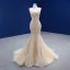 Sexy Charmant Champagne Perlage Trompette / Sirène Robe De Mariée 2021 Sans Manches Perle En Dentelle Fleur Noeud Ceinture Paillettes Bustier