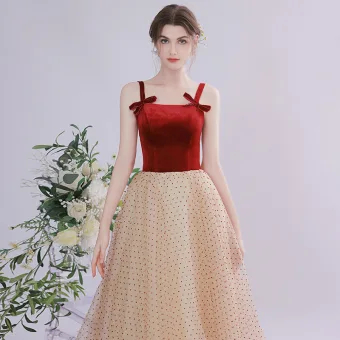 Classique Bordeaux Tachetée Robe De Bal 2021 Princesse Daim Bretelles Spaghetti Noeud Sans Manches Dos Nu Thé Longueur Promo Robe De Ceremonie