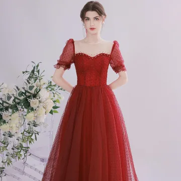 Elegant Burgundy Beading Prom Dresses 2021 A Line Princess Scoop Neck Sequins Short Sleeve Backless Floor Length Long Prom Formal Dresses