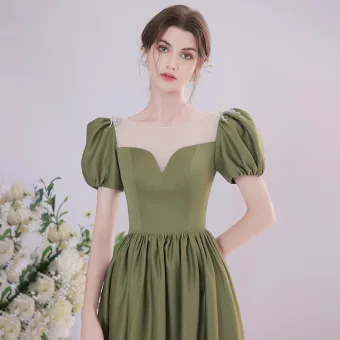 Vintage Retro Olive Green Satin Homecoming Prom Dresses 2021 A Line Princess Scoop Neck Pearl Beading Puffy Short Sleeve Backless Floor Length Long Formal Dresses