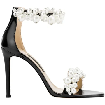 Sexy Black Street Wear Cocktail Party Evening Party Pearl Womens Sandals 2021 Leather Ankle Strap 10 Cm Stiletto Heels Open Peep Toe Sandals High Heels