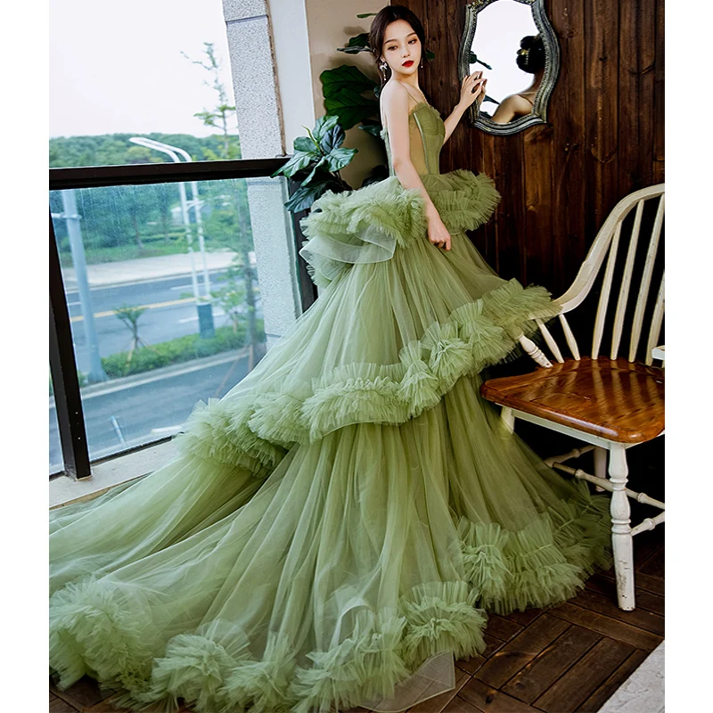 Charming Olive Green Cascading Ruffles Prom Evening Dresses 2021 A-Line Princess Straps