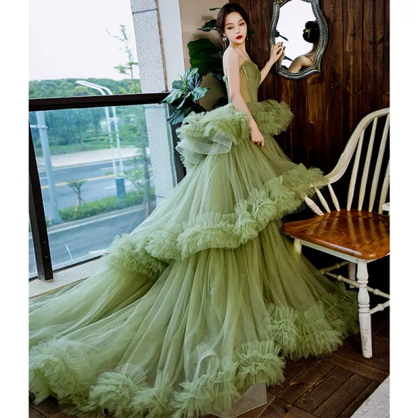 Charming Olive Green Cascading Ruffles Prom Evening Dresses 2021 A-Line / Princess Spaghetti Straps Sleeveless Backless Court Train Formal Dresses