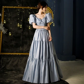 Chic Belle Bleu Ciel Volants Robe De Bal 2021 Princesse V Cou Gonflée Manches Courtes Dos Nu Longue Robe De Cérémonie