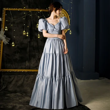 Hermoso Azul Cielo Ruffle Vestidos De Gala 2021 A Line Princess V Cuello Hinchado Manga Corta Sin Espalda Largos Vestidos Formales