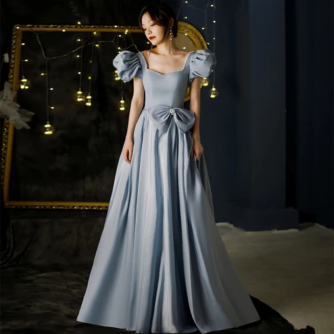 Vintage / Retro Sky Blue Prom Dresses 2021 A-Line / Princess Square Neckline Beading Pearl Bow Puffy Short Sleeve Backless Floor-Length / Long Formal Dresses