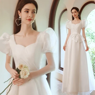 Vintage Retro Modest Simple Ivory Pearl Prom Dresses 2021 A Line Princess Square Neckline Puffy Short Sleeve Backless Bow Floor Length Long Formal Dresses