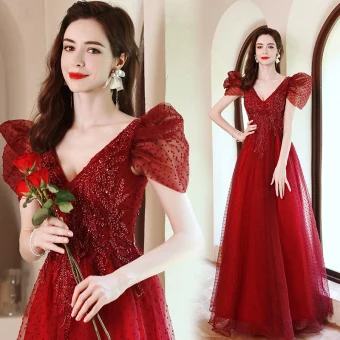 Élégant Bordeaux En Dentelle Fleur Robe De Bal 2021 Princesse V Cou Perlage Perle Mancherons Dos Nu Longue Robe De Ceremonie