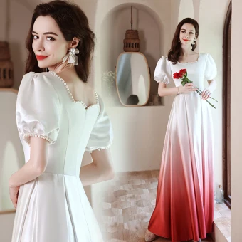 Mode Dégradé De Couleur Perle Robe De Bal 2021 Princesse Satin Encolure Carrée Gonflée Manches Courtes Dos Nu Longue Robe De Ceremonie