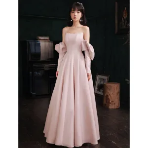 Simple Rougissant Rose Couleur Unie Satin Robe De Bal 2021 Princesse Manches Courtes Longue Robe De Ceremonie