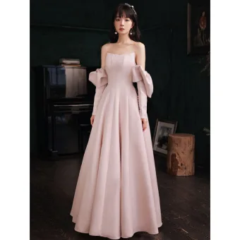Simple Rougissant Rose Couleur Unie Satin Robe De Bal 2021 Princesse Manches Courtes Longue Robe De Ceremonie
