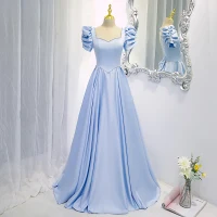 Chic / Beautiful Sky Blue Prom Dresses 2021 A-Line / Princess Square Neckline Pearl Rhinestone Short Sleeve Backless Bow Floor-Length / Long Formal Dresses