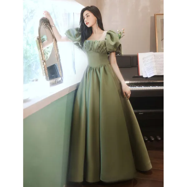 pink and green wedding guest dress Olive Green Prom Dresses Satin Sleeveless Stretch Satin V-Neck Floor L main image 0