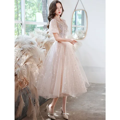 Encantador Rosa Clara Vestidos de noche Vestidos de gala 2021 A-Line / Princess Cuello Alto mariposa Apliques Lentejuelas Con Encaje Flor Cinturón Manga Corta Largos Vestidos Formales
