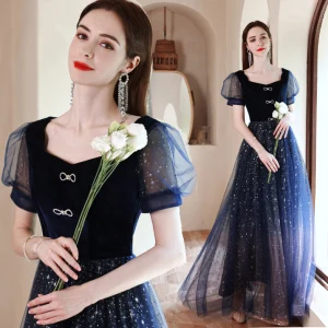 Bling Bling Bleu Marine Ciel Étoilé Daim Robe De Bal 2021 Princesse Encolure Carrée Étoile Paillettes Faux Diamant Manches Courtes Dos Nu Longue Robe De Cérémonie