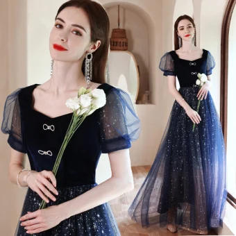 Bling Bling Bleu Marine Ciel Étoilé Daim Robe De Bal 2021 Princesse Encolure Carrée Étoile Paillettes Faux Diamant Manches Courtes Dos Nu Longue Robe De Cérémonie