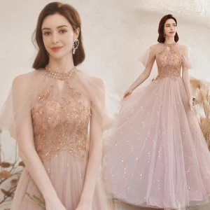 Charmant Rougissant Rose Étoile Paillettes Robe De Bal 2021 Princesse Encolure Dégagée Perlage Sans Manches Longue Robe De Cérémonie