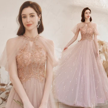 Charmant Rougissant Rose Étoile Paillettes Robe De Bal 2021 Princesse Encolure Dégagée Perlage Sans Manches Longue Robe De Cérémonie