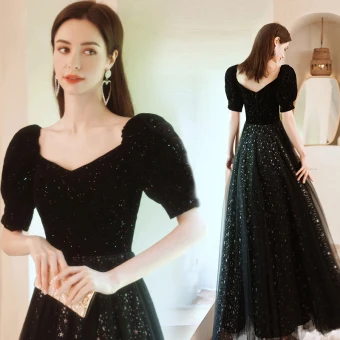 Chic Belle Bling Bling Noire Étoile Paillettes Robe De Bal 2021 Princesse Encolure Carrée Manches Courtes Longue Robe De Ceremonie