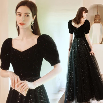 Chic Belle Bling Bling Noire Étoile Paillettes Robe De Bal 2021 Princesse Encolure Carrée Manches Courtes Longue Robe De Ceremonie