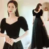 Chic / Beautiful Bling Bling Black Star Sequins Prom Dresses 2021 A-Line / Princess Square Neckline Short Sleeve Floor-Length / Long Formal Dresses