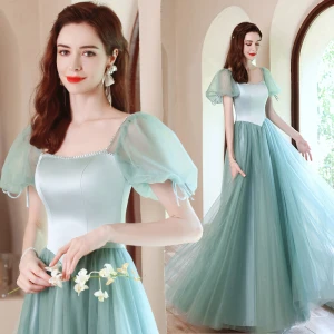 Élégant Vert Citron Robe De Bal 2021 Princesse Encolure Carrée Gonflée Manches Courtes Dos Nu Noeud Longue Robe De Ceremonie